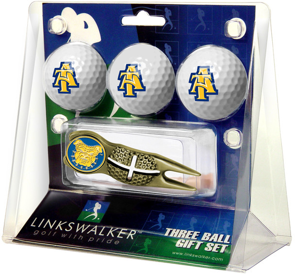 North Carolina A&T Aggies - Gold Crosshair Divot Tool 3 Ball Gift Pack
