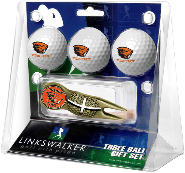 Oregon State Beavers - Gold Crosshair Divot Tool 3 Ball Gift Pack