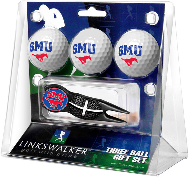 Southern Methodist University Mustangs - Black Crosshair Divot Tool 3 Ball Gift Pack