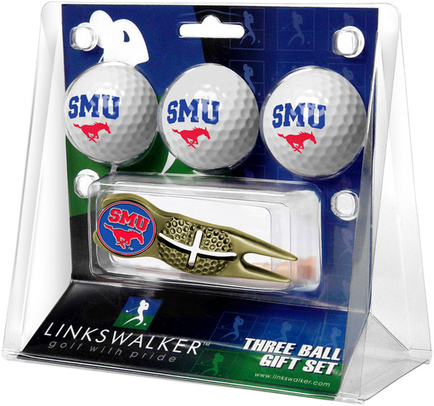 Southern Methodist University Mustangs - Gold Crosshair Divot Tool 3 Ball Gift Pack