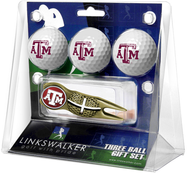 Texas A&M Aggies - Gold Crosshair Divot Tool 3 Ball Gift Pack