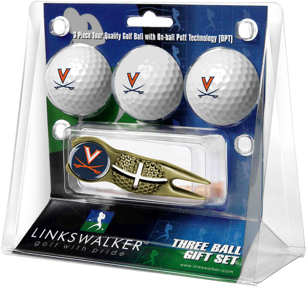 Virginia Cavaliers - Gold Crosshair Divot Tool 3 Ball Gift Pack