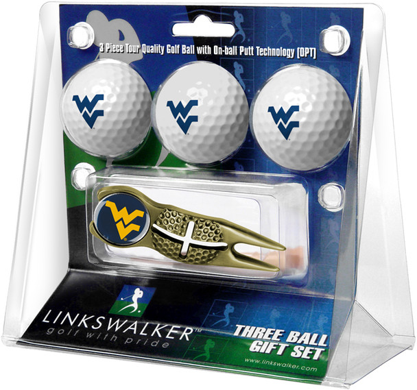 West Virginia Mountaineers - Gold Crosshair Divot Tool 3 Ball Gift Pack