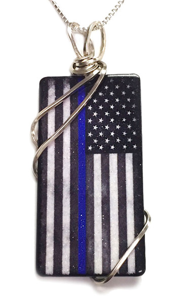 NEW! BrotherhoodThin Blue Line American Flag Pendant with Sterling Silver Chain