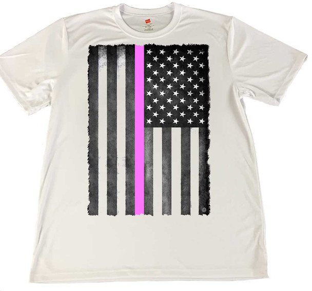 Vertical Thin Pink Line American Flag Wicking Material T-Shirt -Breast Cancer Awareness