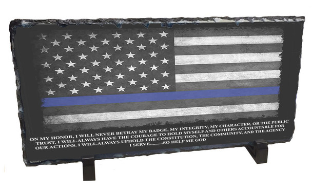 Blue Line Flag & Officer's Oath Slate Photo Rock