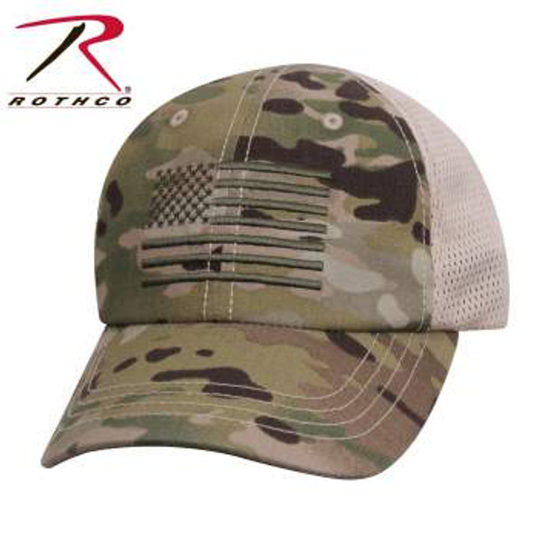 Rothco’s Mesh Back Tactical Cap with US Flag features an embroidered US Flag on the front Multicam panel.