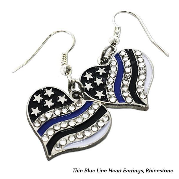 Thin Blue Line Heart Earrings, Rhinestone