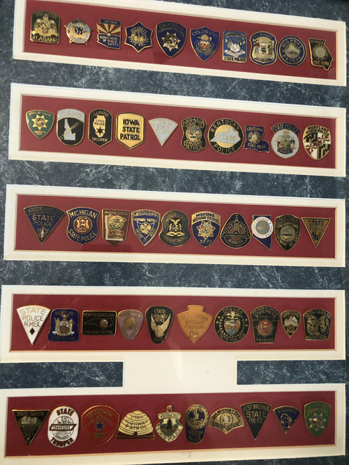 50 STATE POLICE PATCH PINS MOUNTED FRAMED