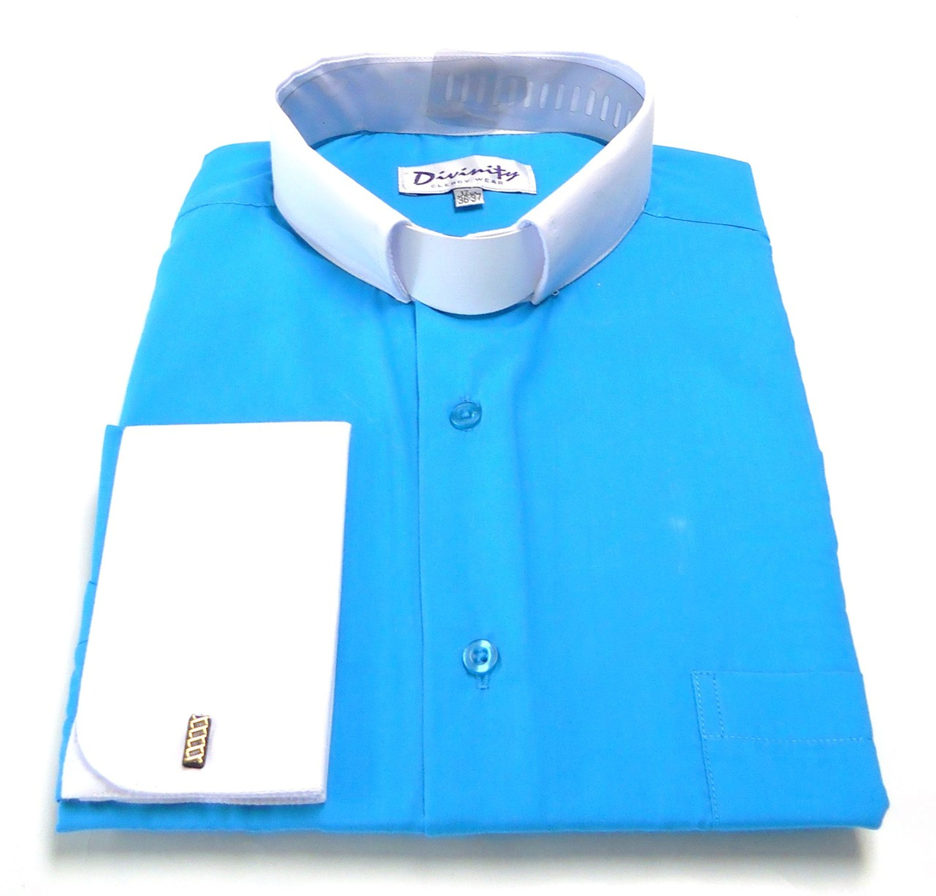 Two-Tone French Cuff Tab Collar Clergy Shirts In Turquoise