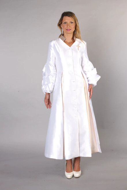 Ladies Modern 1-Piece Preaching Robe Dress In White & Gold