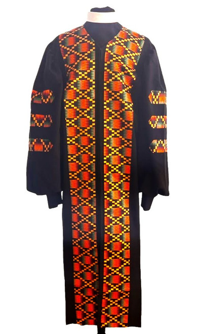 Heritage Pulpit Robe in Kente & Black with Doctoral Bars