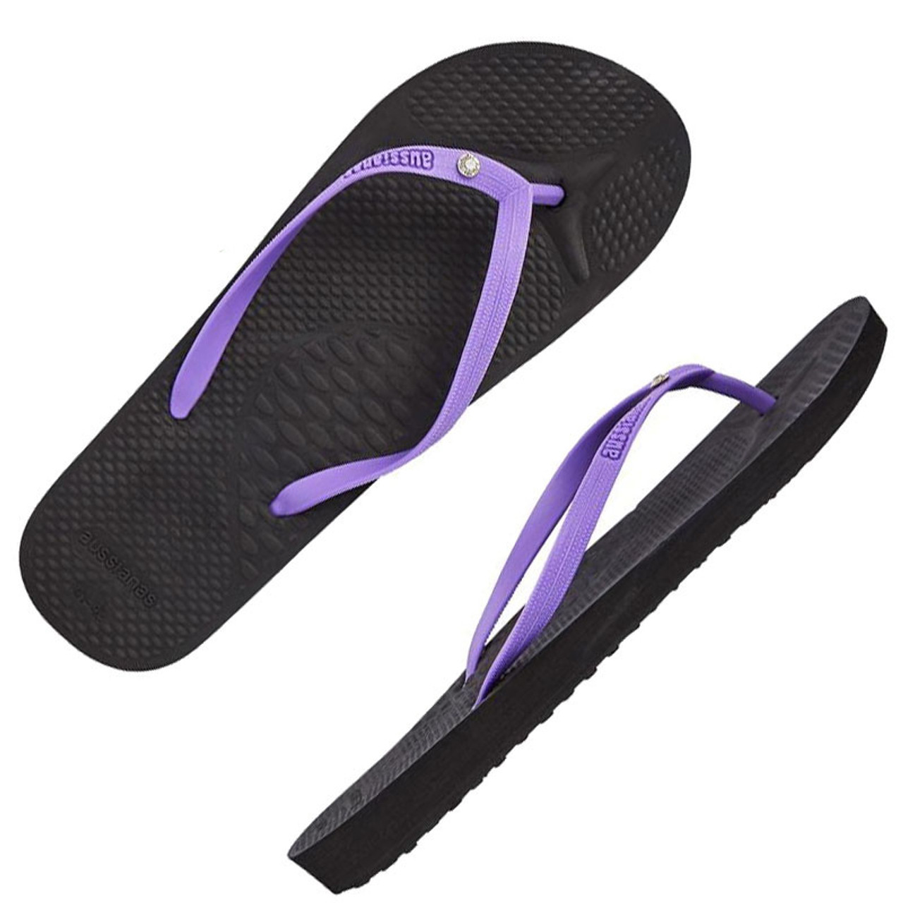 Aussianas Slim Thongs Black Purple with Diamante Outdoors