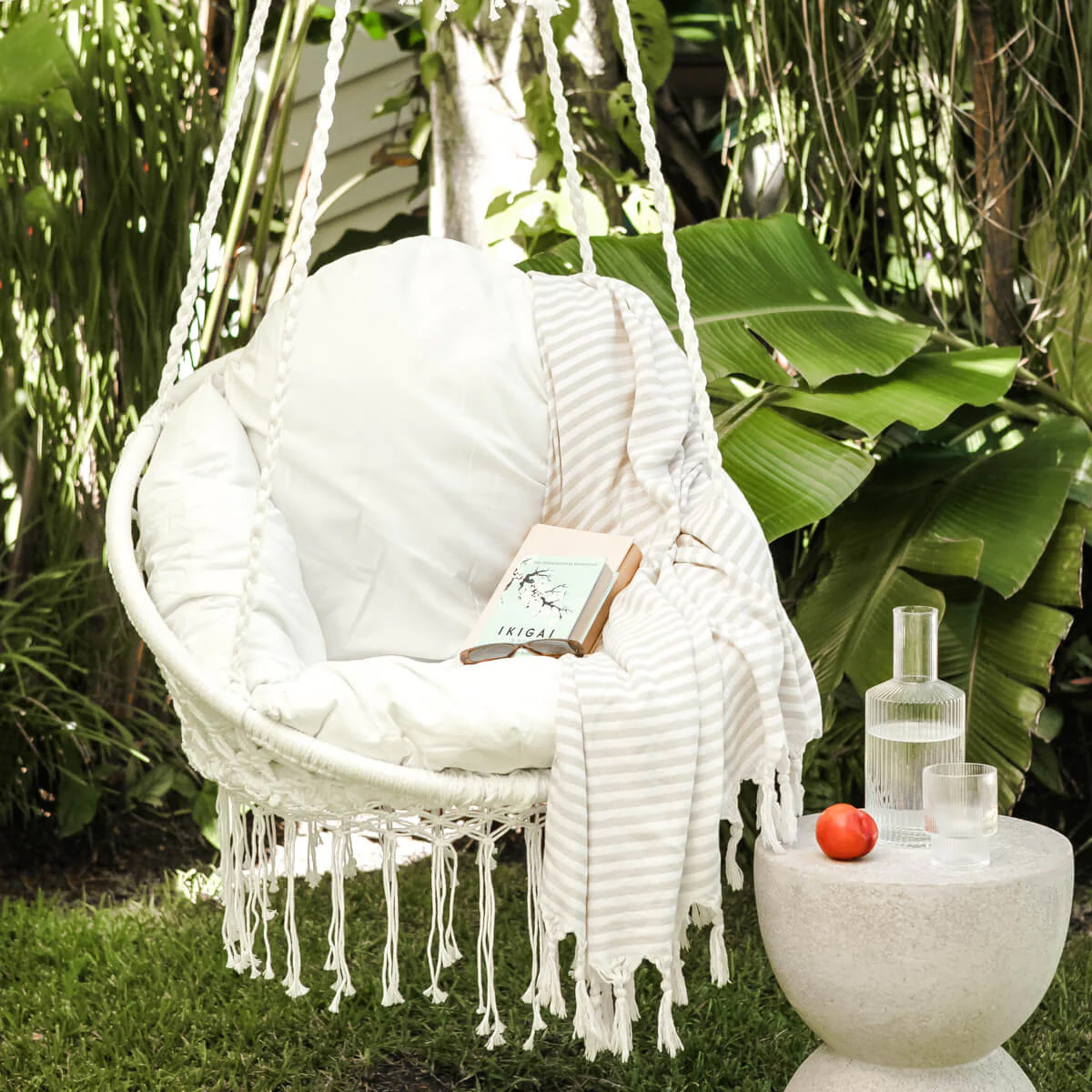 Vivere Macrame Deluxe Hanging Chair with Fringe & Pillow Outdoors