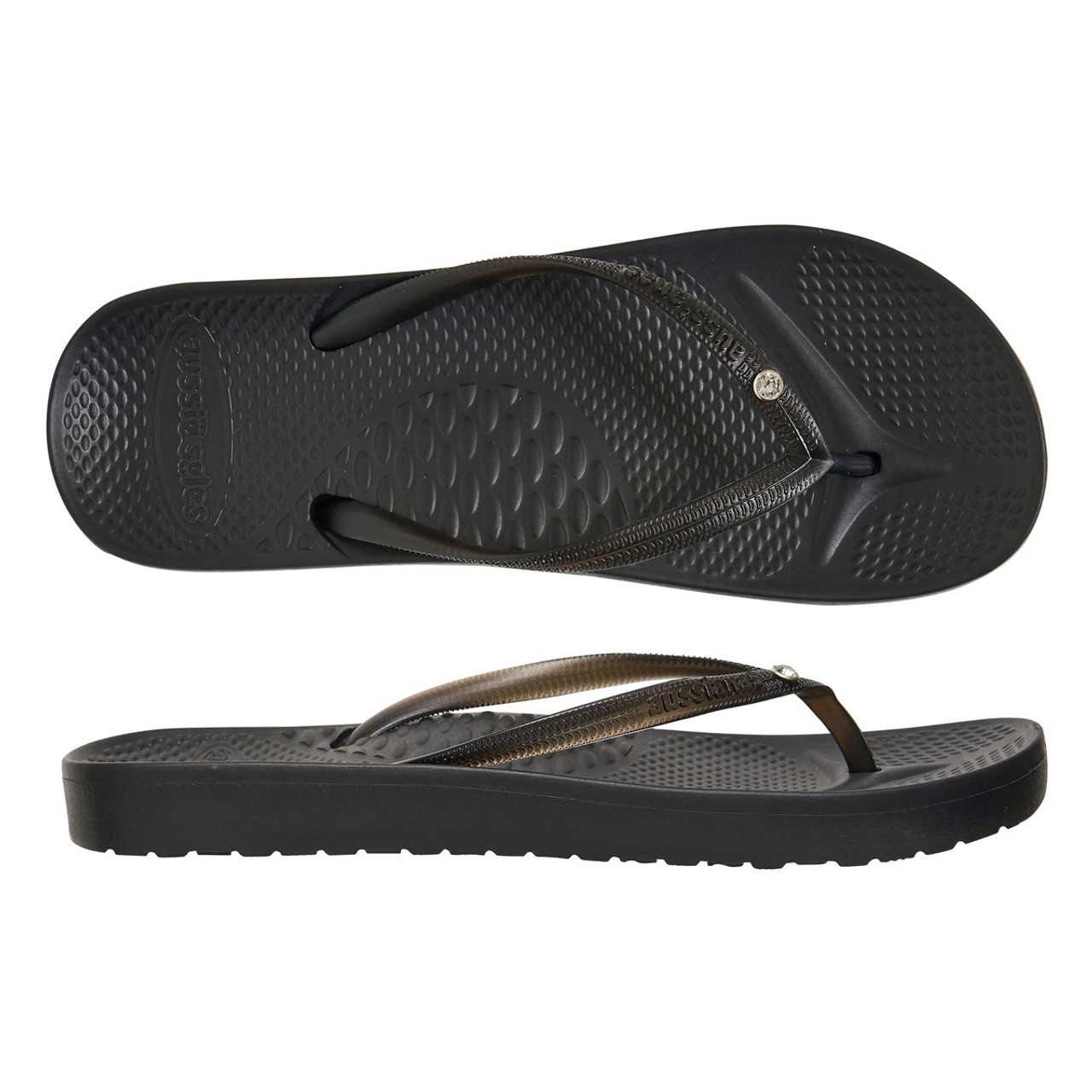 Aussianas Slim 2.5 Arch Support Thongs Black w Diamante