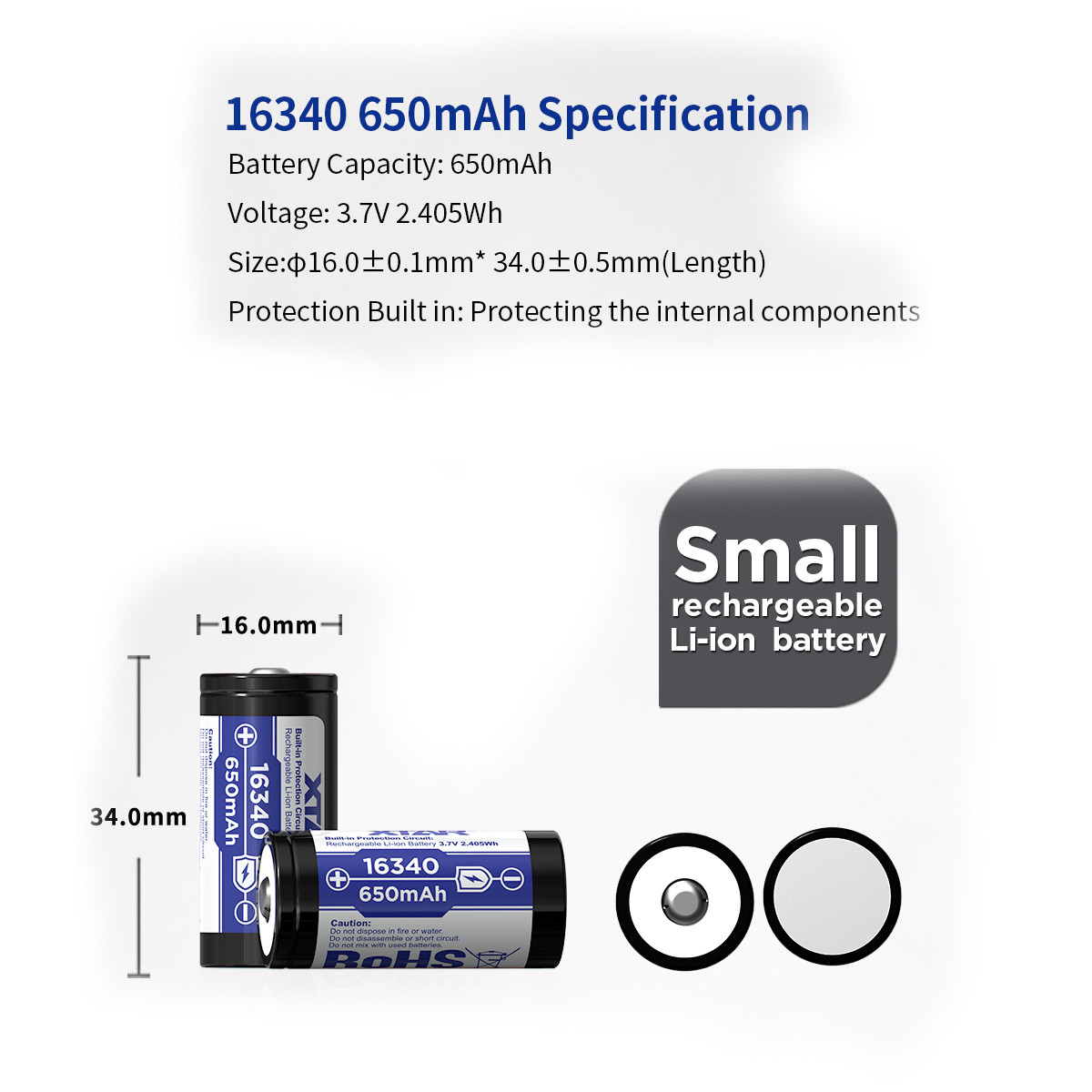 XTAR 16340 650mAh Rechargeable Lithium Battery | Outdoors Warehouse