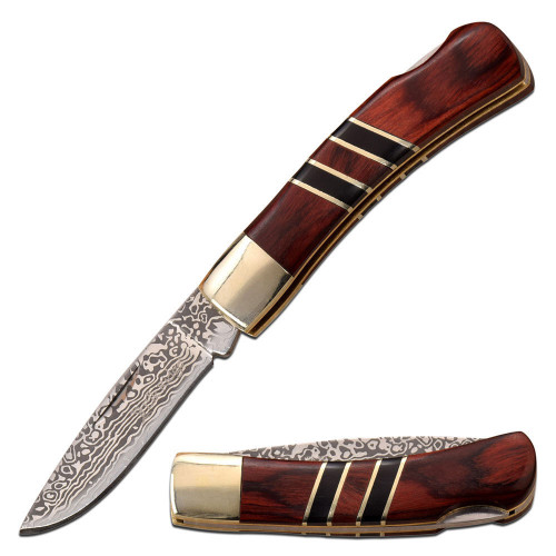 Elk Ridge Damascus Patterned Wooden Pocket Knife