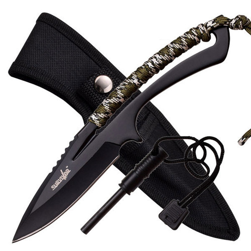 Survivor Olive Cord Wrapped Knife with Fire Starter