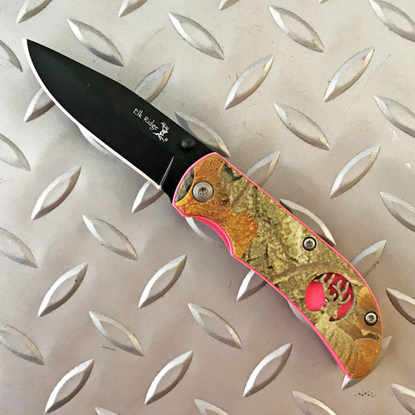Elk Ridge Camo Folding Knife with Pink Trim