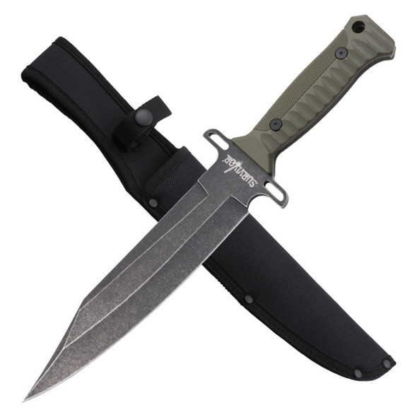Survivor Sawback Bowie Knife with Sheath - Green Handle