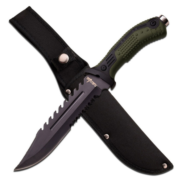 Survivor Serrated Bowie Knife with Sheath - Green Handle