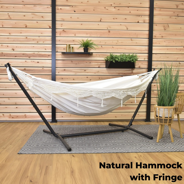 Vivere Natural Double Cotton Hammock with Fringe