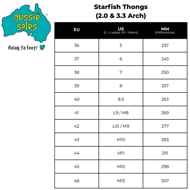 Aussie Soles Starfish Arch Support Thongs Sizing Chart