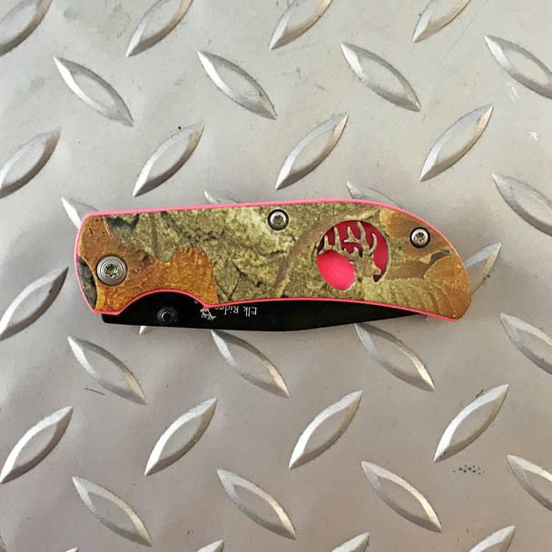 Elk Ridge Camo Folding Knife with Pink Trim