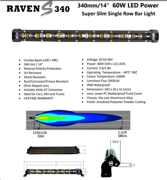Raven S Super Slim Single Row Light Bar  - 340mm/14" - 60W