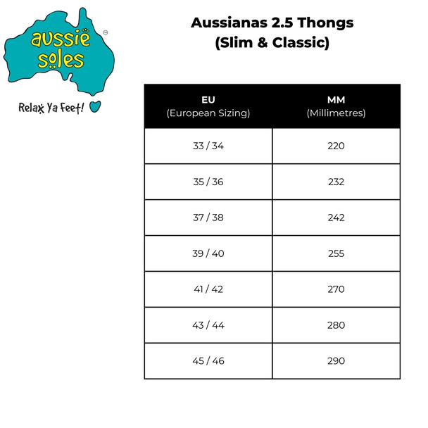 Aussie Soles Aussianas Thongs Sizing Chart