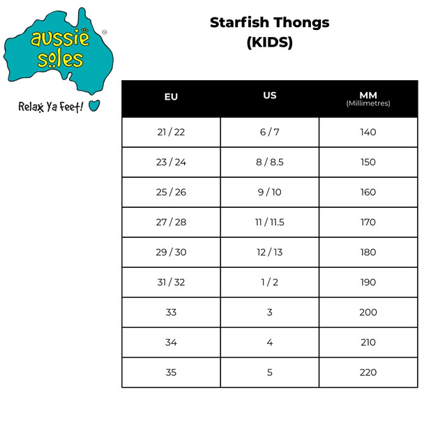 Aussie Soles Starfish Kids Thongs Sizing Chart