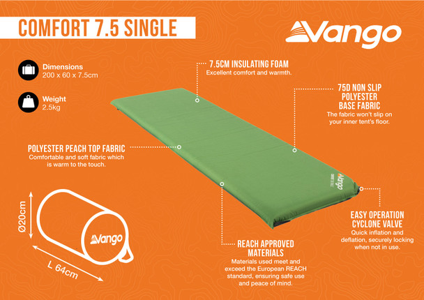 Vango Comfort Self-Inflating Mat - 200x60x7.5cm