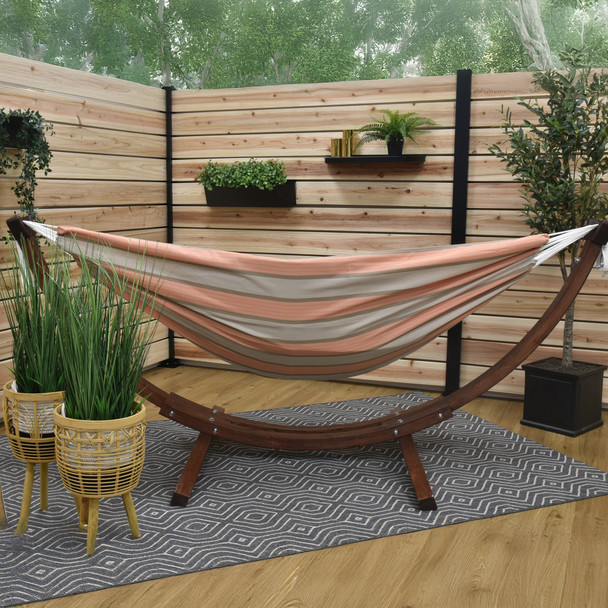 Vivere Double Sunbrella Hammock with Solid Pine Stand (260cm) - Cameo