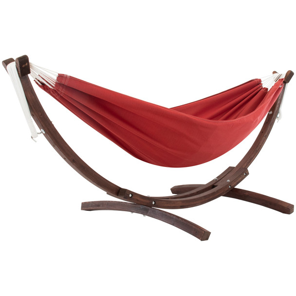 Vivere Double Sunbrella Hammock with Solid Pine Stand (260cm) - Crimson