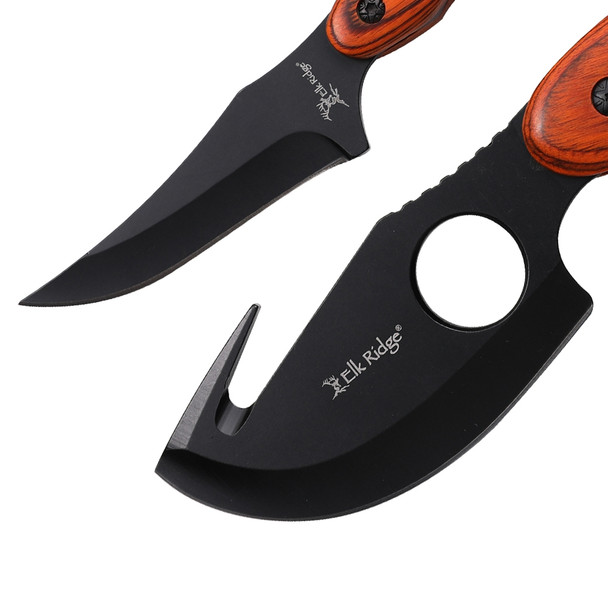 Elk Ridge 2 Piece Hunting Knife Set with Gut Hook Skinner - Wood Handle