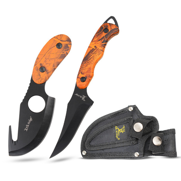 Elk Ridge 2 Piece Hunting Knife Set with Gut Hook Skinner - Orange Camo Handle