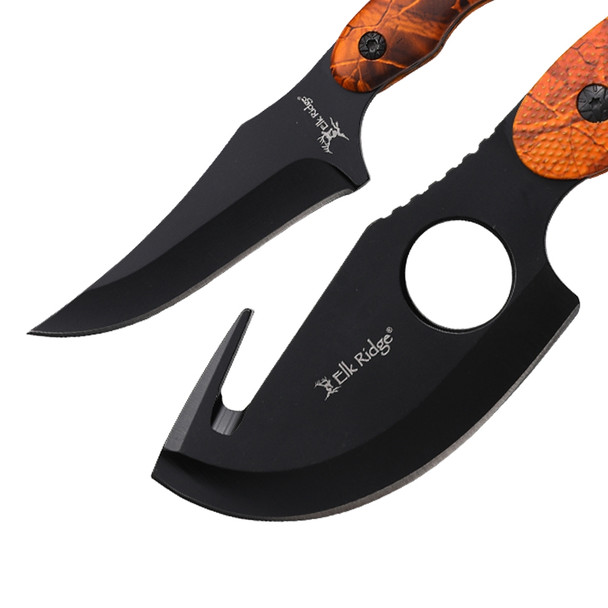Elk Ridge 2 Piece Hunting Knife Set with Gut Hook Skinner - Orange Camo Handle