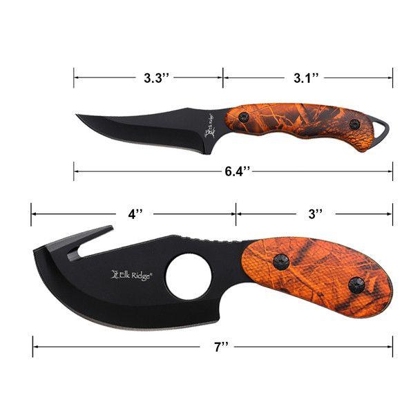 Elk Ridge 2 Piece Hunting Knife Set with Gut Hook Skinner - Orange Camo Handle