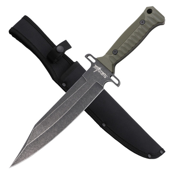 Survivor Sawback Bowie Knife with Sheath - Green Handle