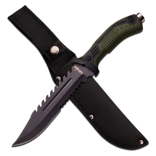 Survivor Serrated Bowie Knife with Sheath - Green Handle