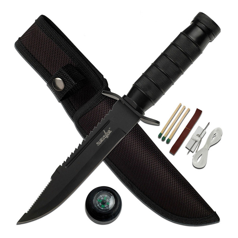 Survivor Reverse Serrated Knife with Survival Kit
