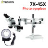 7X-45X Simul-Focal Double Boom Stand Trinocular Stereo Zoom Microscope with Led Light soldering microscope stand for cell phone