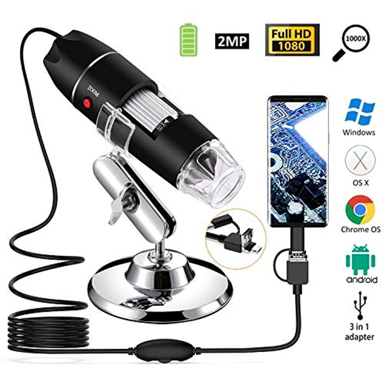 1080P HD 2MP Camera 50x to 1000x Magnification Handheld Endoscope 8 LED Microscope WiFi USB Arm Stand Compatible with iPhone/iPad/Mac/Window/Android/iOS 