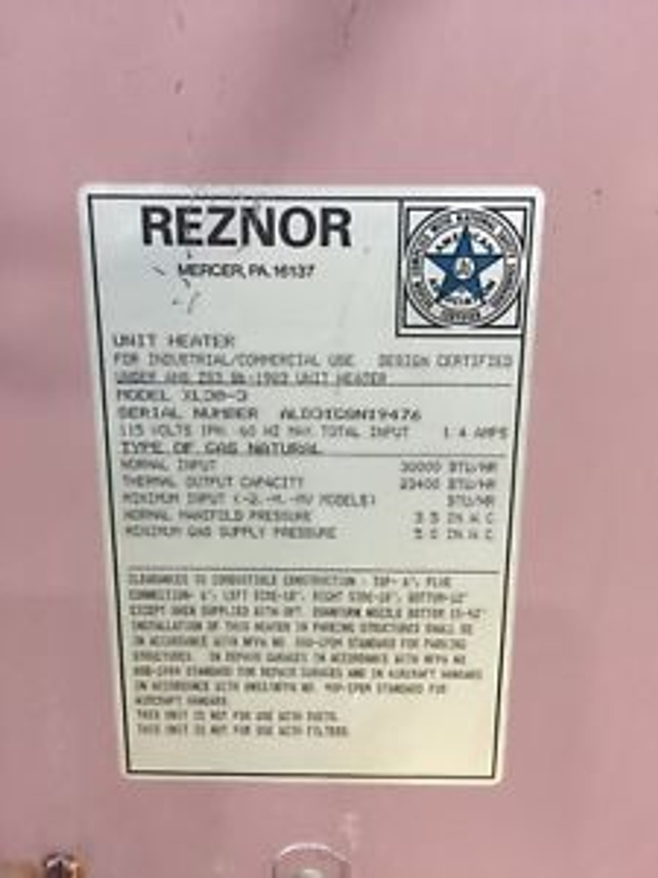 Reznor Propane Unit Heater XL303 Vertical Heat 23400 BTU