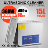 Stainless Steel Ultrasonic Digital Timer Heater Cleaner 15L 760W Bracket New