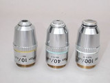 Set of Three Nikon E Plan Microscope Objectives: 10x, 40x, 100x Oil