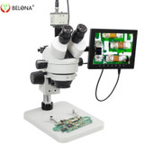 LCD screen  Continuous zoom binocular visual 7-45X Trinocular stereo microscope+Industrial Camera+56 LED light for LAB PCB