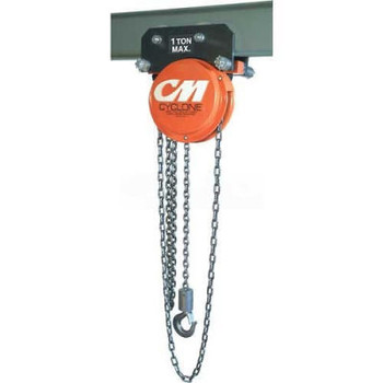 CM Cyclone Hand Chain Hoist on Plain Trolley, 10 Ton, 15 Ft. Lift