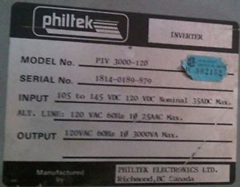 PIV 3000-120 Philtek Inverter IN: 105 to 145 Vdc Nominal 120 Vdc