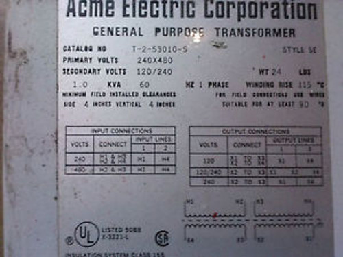 ACME ELECTIR CORPORATION TRANSFORMER- STEP DOWN 240/480 TO 120/240